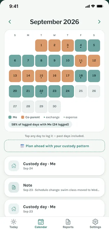 CustodyBook calendar with days marked for each parent