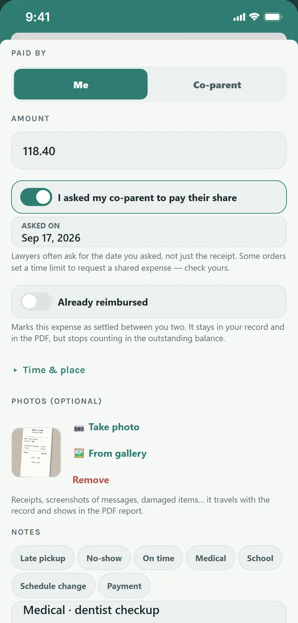 Expense entry with the receipt photo and the date you asked your co-parent to pay