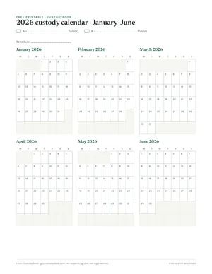 Preview of the free printable 2026 custody calendar