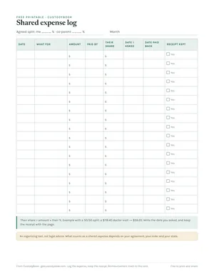 Preview of the free printable shared expense log