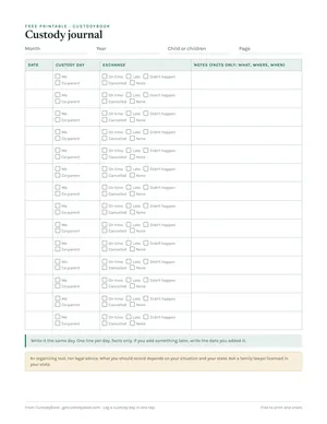 Preview of the free printable custody journal template